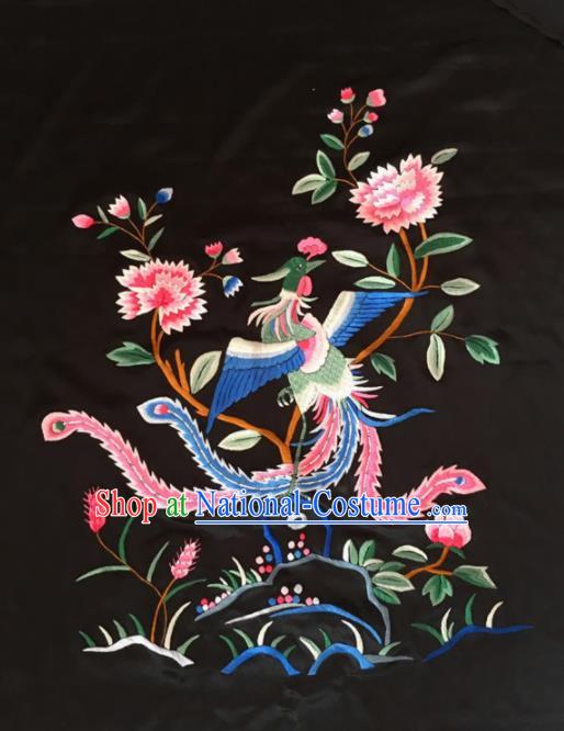 Chinese Traditional Handmade Embroidery Craft Embroidered Phoenix Peony Cloth Patches Embroidering Silk Piece