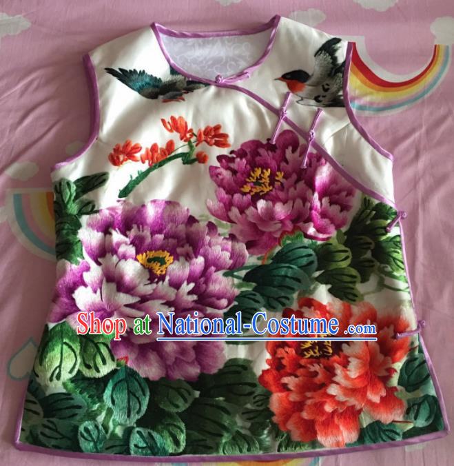 Chinese Traditional Costume Tang Suit Embroidered Peony White Silk Qipao Vest for Women