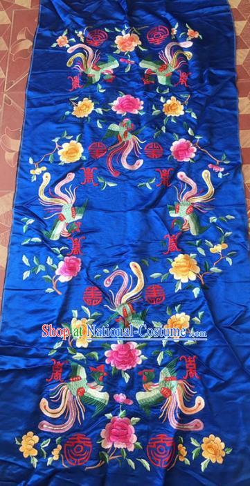 Chinese Traditional Handmade Embroidery Craft Embroidered Royalblue Cloth Patches Embroidering Phoenix Peony Silk Piece