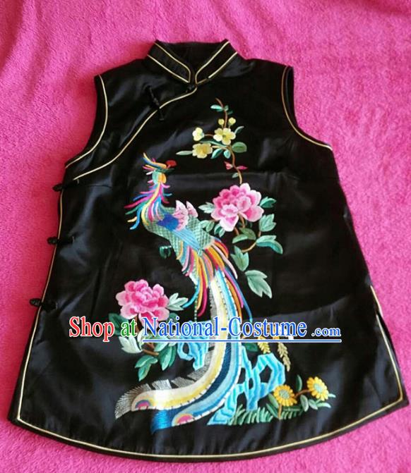 Chinese Traditional Silk Costume Tang Suit Embroidered Phoenix Peony Black Vest for Women