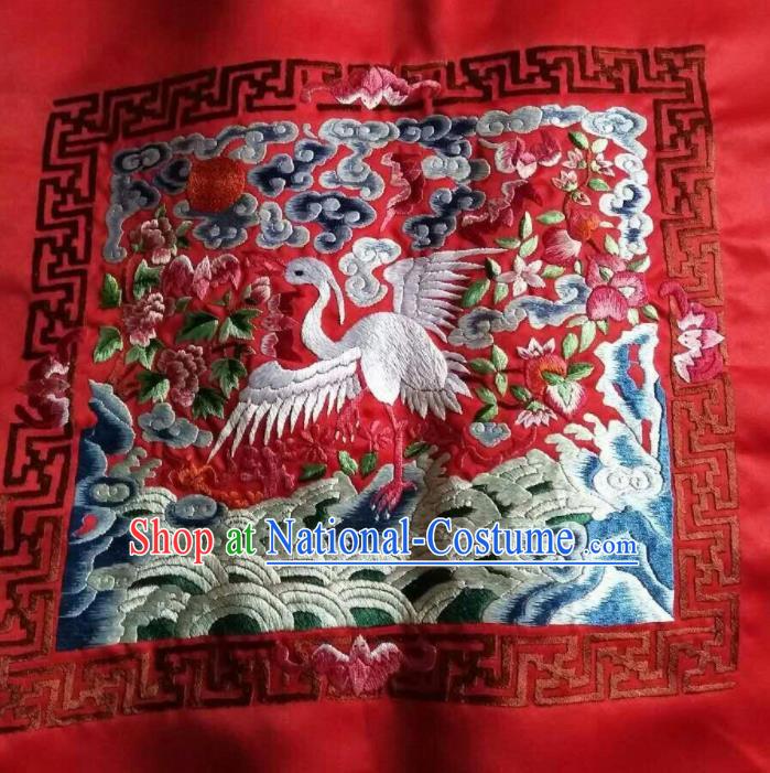 Asian Chinese Traditional Embroidered Crane Red Silk Patches Handmade Embroidery Craft