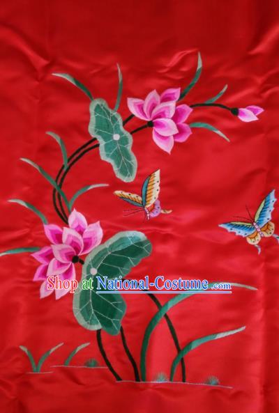 Asian Chinese Traditional Embroidered Lotus Red Silk Patches Handmade Embroidery Craft