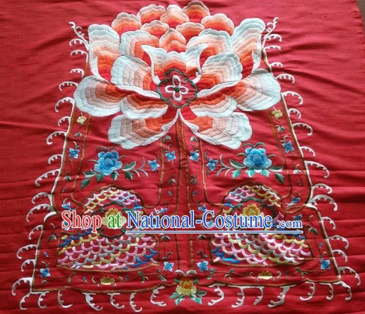 Asian Chinese Traditional Embroidered Peony Red Silk Patches Handmade Embroidery Craft