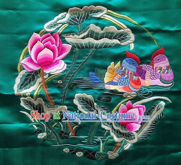 Asian Chinese Traditional Embroidered Mandarin Duck Lotus Green Silk Patches Handmade Embroidery Craft