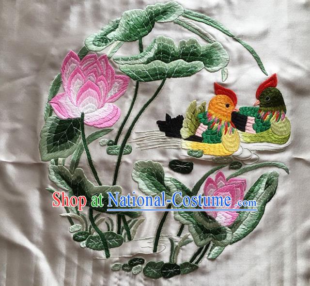 Asian Chinese Traditional Embroidered Mandarin Duck Lotus White Silk Patches Handmade Embroidery Craft