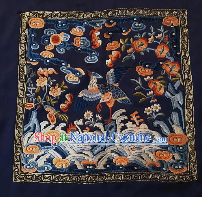 Asian Chinese Traditional Embroidered Crane Navy Silk Patches Handmade Embroidery Craft