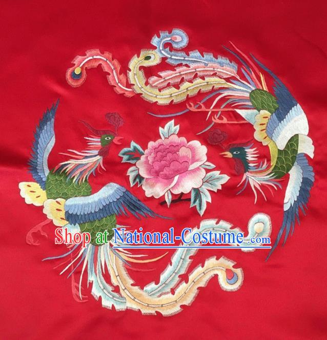 Asian Chinese Traditional Embroidered Phoenix Peony Red Silk Patches Handmade Embroidery Craft