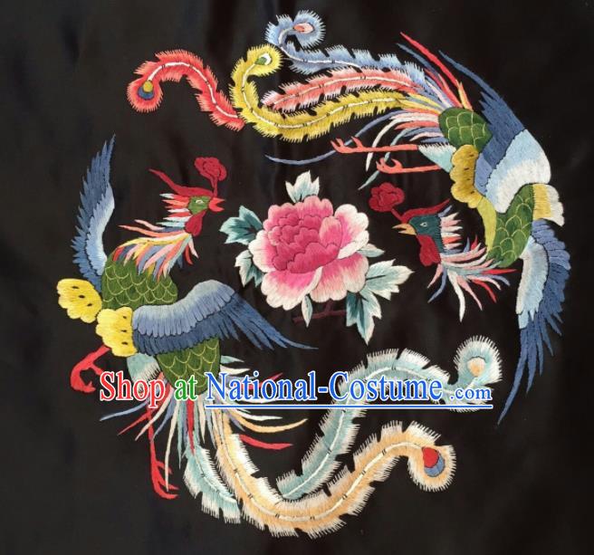 Asian Chinese Traditional Embroidered Phoenix Peony Black Silk Patches Handmade Embroidery Craft