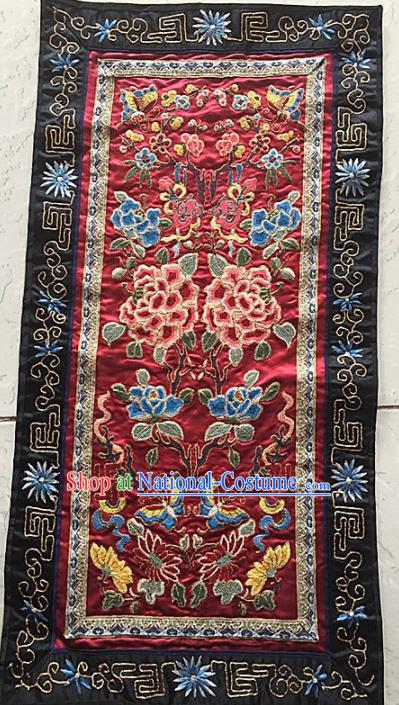 Asian Chinese Traditional Embroidered Peony Red Silk Patches Handmade Embroidery Craft