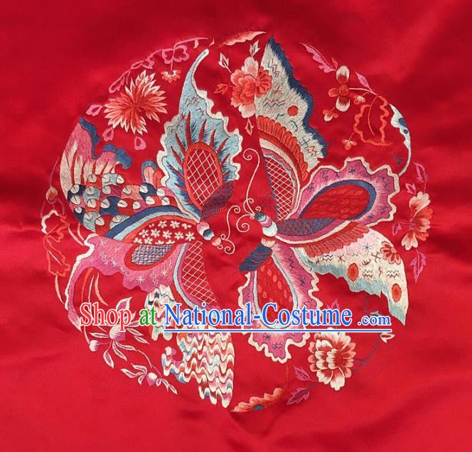 Asian Chinese Traditional Embroidered Butterfly Red Silk Patches Handmade Embroidery Craft