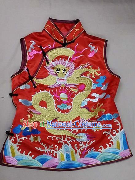 Chinese Traditional Silk Costume Tang Suit Embroidered Dragon Red Silk Vest for Women