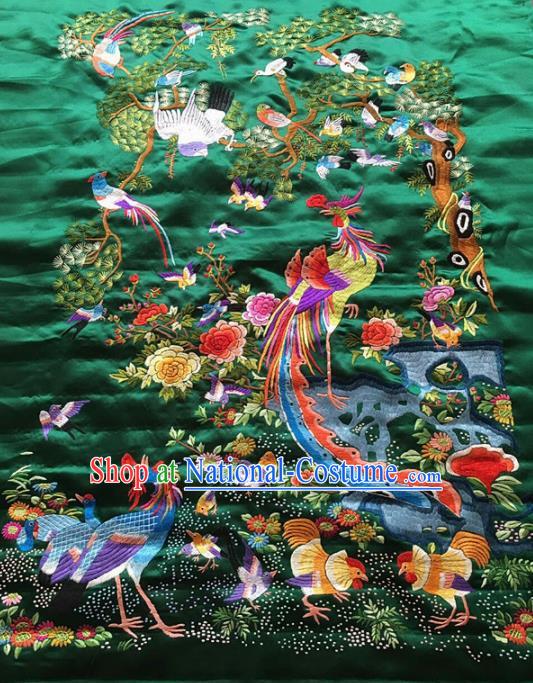 Asian Chinese Traditional Embroidered Peacock Birds Green Silk Patches Handmade Embroidery Craft