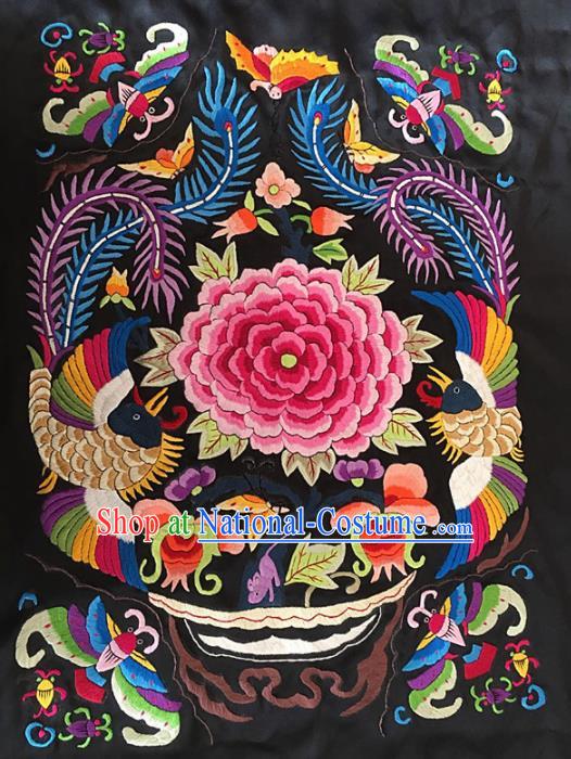 Asian Chinese Traditional Embroidered Peony Black Silk Patches Handmade Embroidery Craft