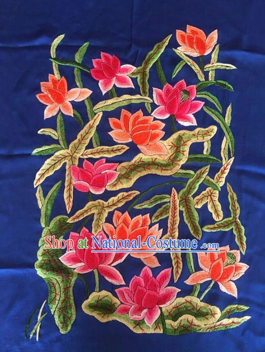 Asian Chinese Traditional Embroidered Lotus Blue Silk Patches Handmade Embroidery Craft