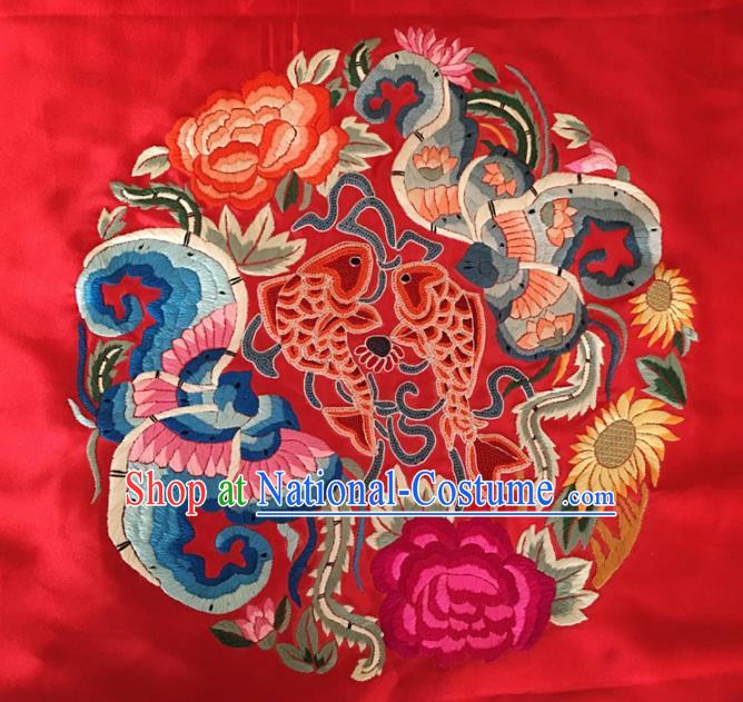 Asian Chinese Traditional Embroidered Lotus Peony Red Silk Patches Handmade Embroidery Craft