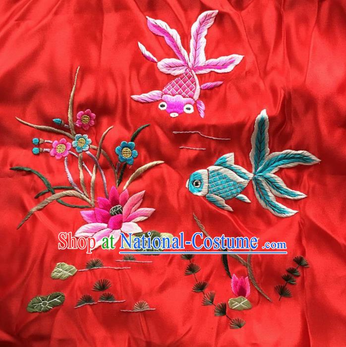 Asian Chinese Traditional Embroidered Fishes Lotus Red Silk Patches Handmade Embroidery Craft