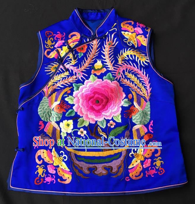 Chinese Traditional Silk Costume Tang Suit Embroidered Peony Royalblue Vest for Women