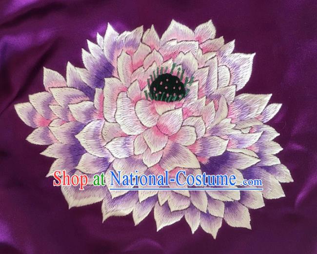 Asian Chinese Traditional Embroidered Lotus Purple Silk Patches Handmade Embroidery Craft