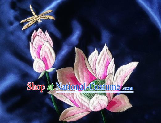 Asian Chinese Traditional Embroidered Lotus Navy Silk Patches Handmade Embroidery Craft