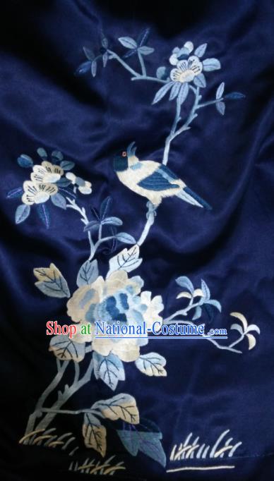 Asian Chinese Traditional Embroidered Peony Navy Silk Patches Handmade Embroidery Craft