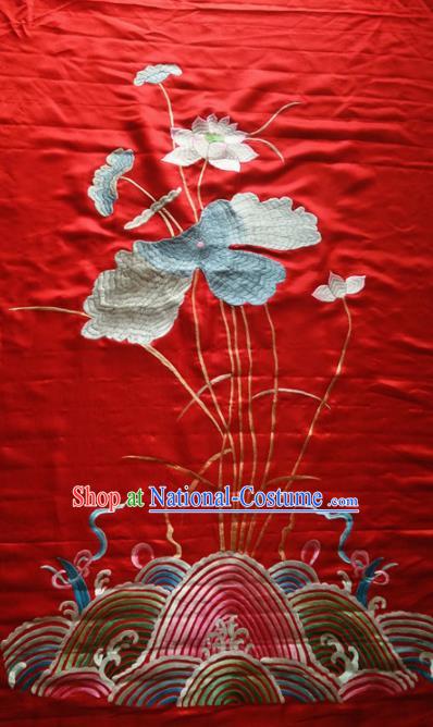 Asian Chinese Traditional Embroidered Lotus Red Silk Patches Handmade Embroidery Craft