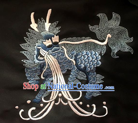 Asian Chinese Traditional Embroidered Kylin Navy Silk Patches Handmade Embroidery Craft