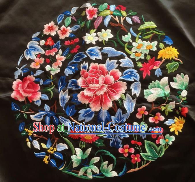 Asian Chinese Traditional Embroidered Peony Black Silk Patches Handmade Embroidery Craft