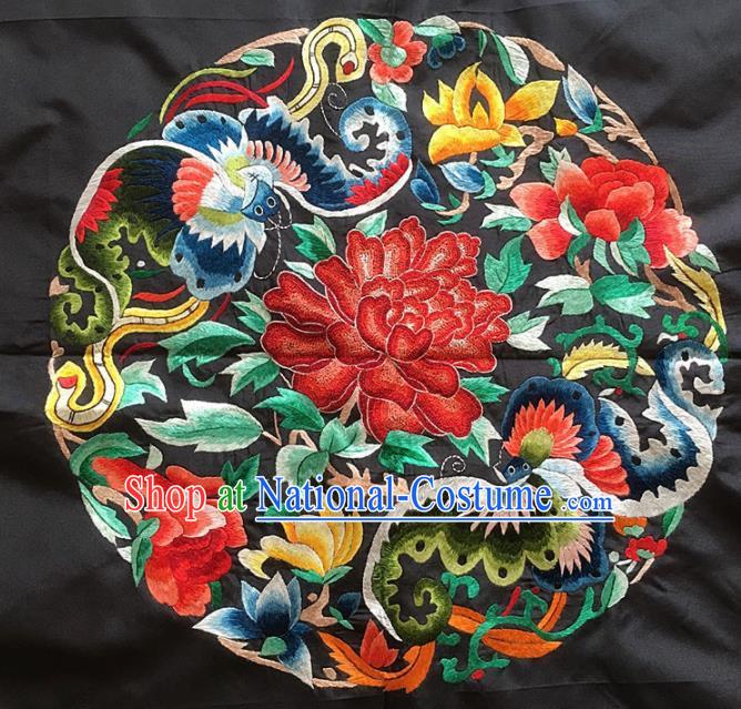 Asian Chinese Traditional Embroidered Peony Butterfly Black Silk Patches Handmade Embroidery Craft