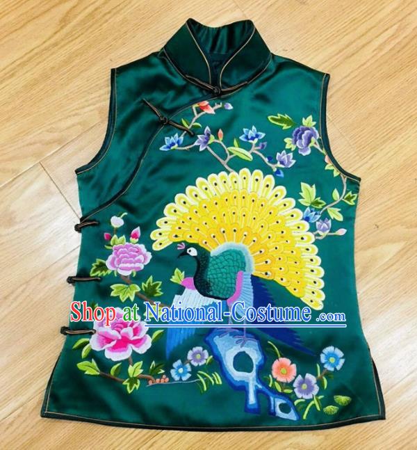 Chinese Traditional Costume Tang Suit Embroidered Green Silk Vest for Women