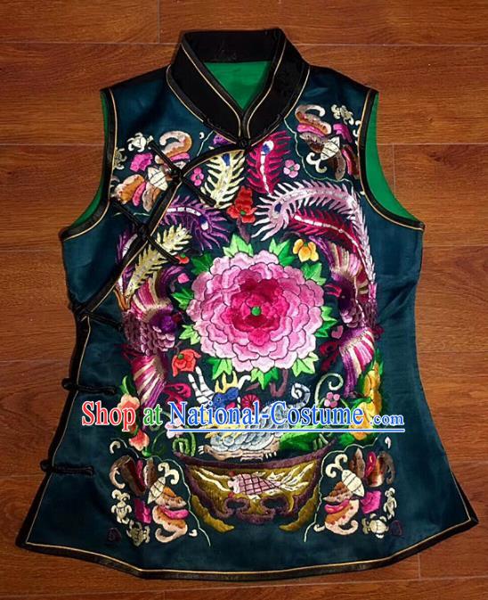 Chinese Traditional Silk Costume Tang Suit Embroidered Peony Black Vest for Women