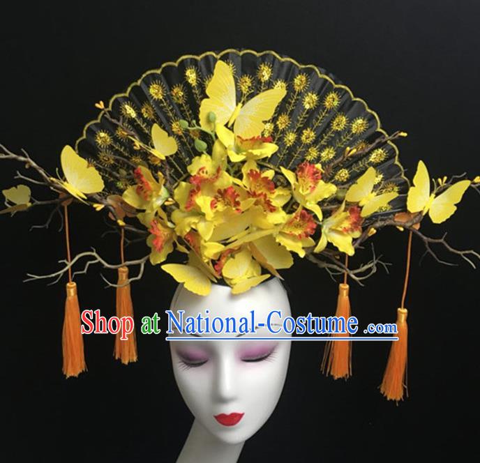 Top Halloween Hair Accessories Chinese Traditional Catwalks Yellow Butterfly Fan Headdress for Women