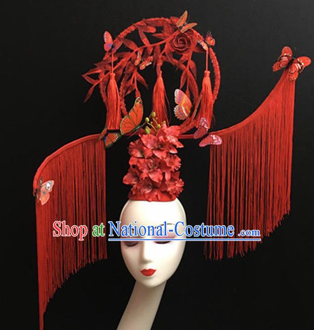 Top Halloween Red Tassel Hair Accessories Chinese Traditional Catwalks Giant Headpiece for Women