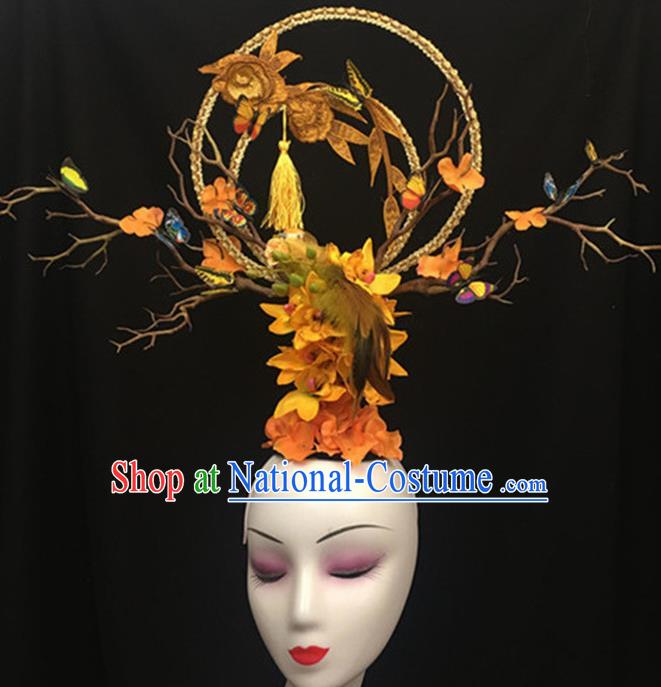 Top Halloween Giant Hair Accessories Chinese Traditional Catwalks Yellow Bird Headpiece for Women