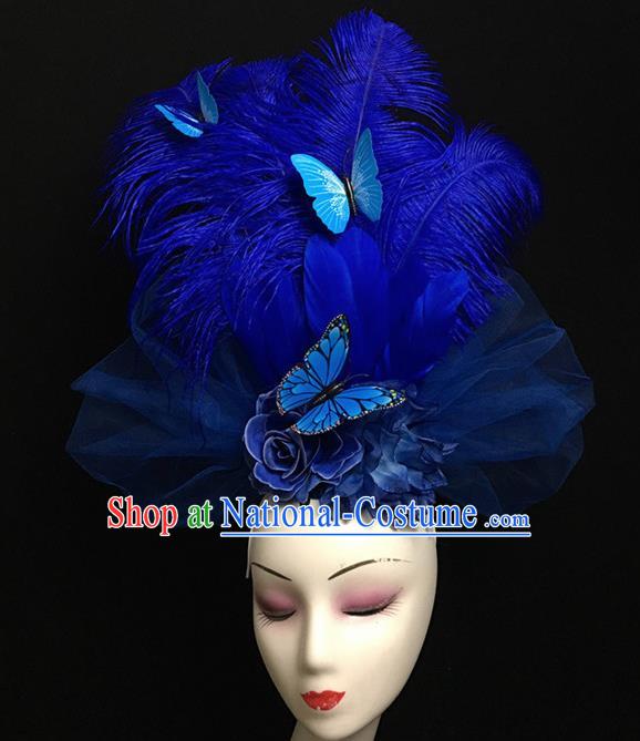 Top Halloween Catwalks Hair Accessories Stage Show Blue Feather Headdress for Women