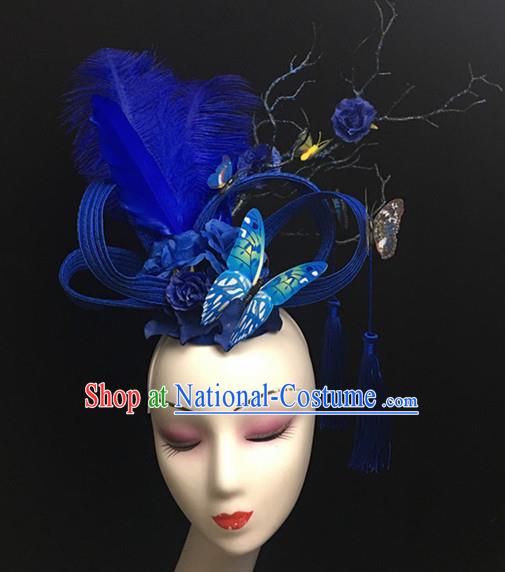 Top Halloween Catwalks Hair Accessories Stage Show Blue Feather Butterfly Headdress for Women