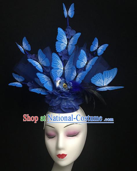 Top Halloween Catwalks Hair Accessories Stage Show Blue Butterfly Headdress for Women