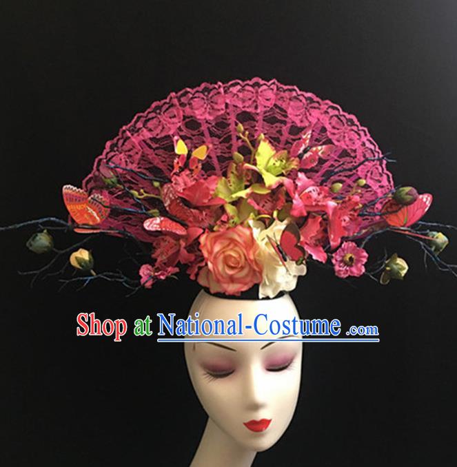 Top Halloween Stage Show Giant Pink Lace Hair Accessories Chinese Traditional Catwalks Headpiece for Women