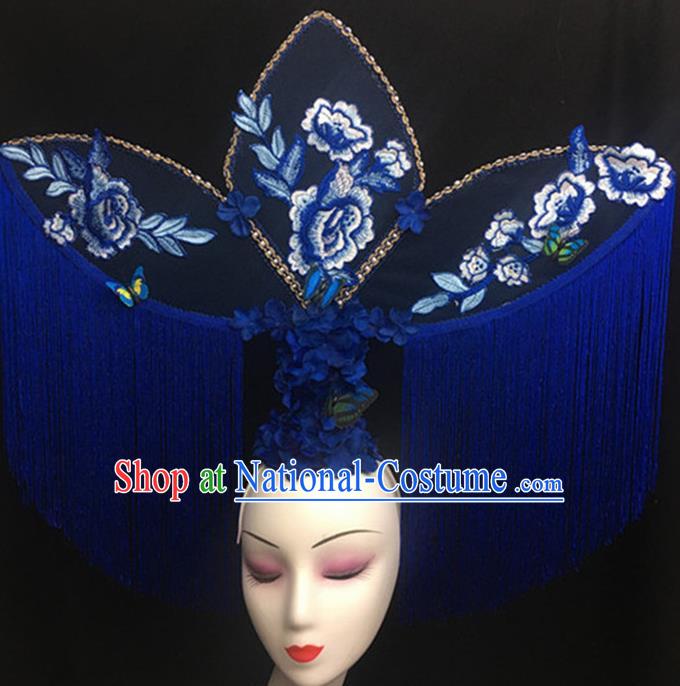 Top Halloween Stage Show Giant Hair Accessories Chinese Traditional Catwalks Blue Peony Tassel Headpiece for Women