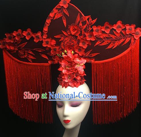 Top Halloween Stage Show Giant Hair Accessories Chinese Traditional Catwalks Red Peony Tassel Headpiece for Women