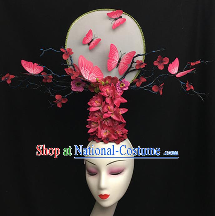 Top Halloween Stage Show Giant Hair Accessories Chinese Traditional Catwalks Pink Butterfly Headpiece for Women