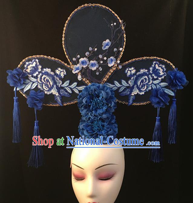 Top Halloween Stage Show Blue Peony Giant Hair Accessories Chinese Traditional Catwalks Headpiece for Women