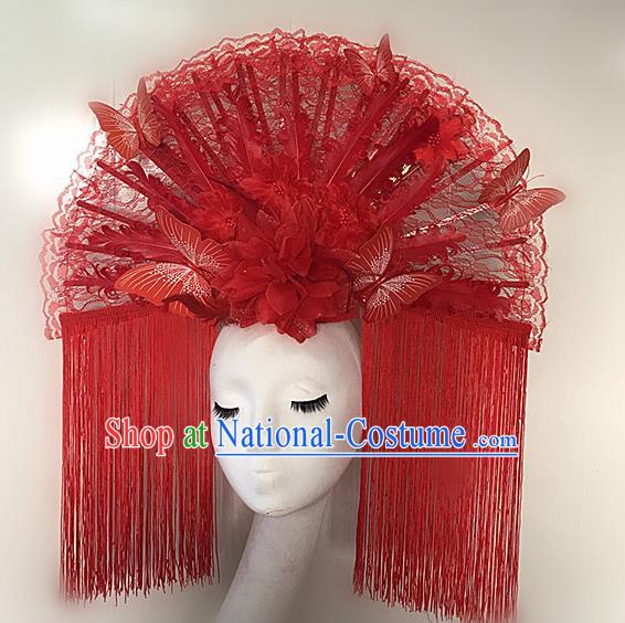 Top Halloween Red Feather Tassel Giant Hair Accessories Stage Show Chinese Traditional Palace Catwalks Headpiece for Women