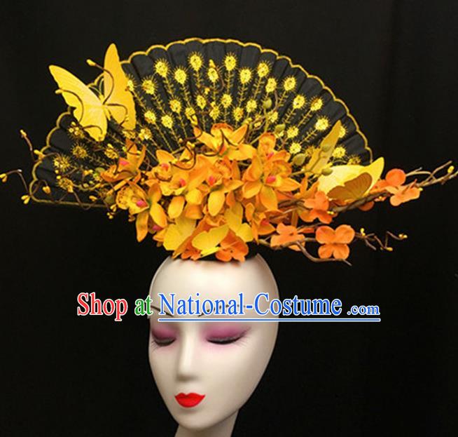 Top Halloween Stage Show Giant Hair Accessories Chinese Traditional Catwalks Yellow Flowers Headpiece for Women