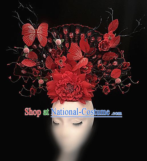 Top Halloween Red Butterfly Peony Giant Hair Accessories Stage Show Chinese Traditional Palace Catwalks Headpiece for Women