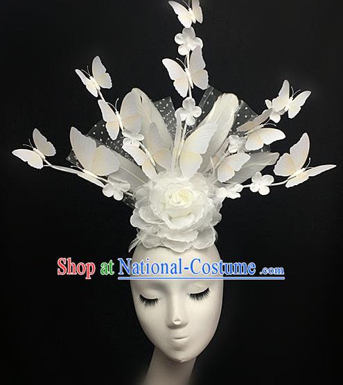 Top Halloween White Feather Peony Giant Hair Accessories Stage Show Chinese Traditional Palace Catwalks Headpiece for Women