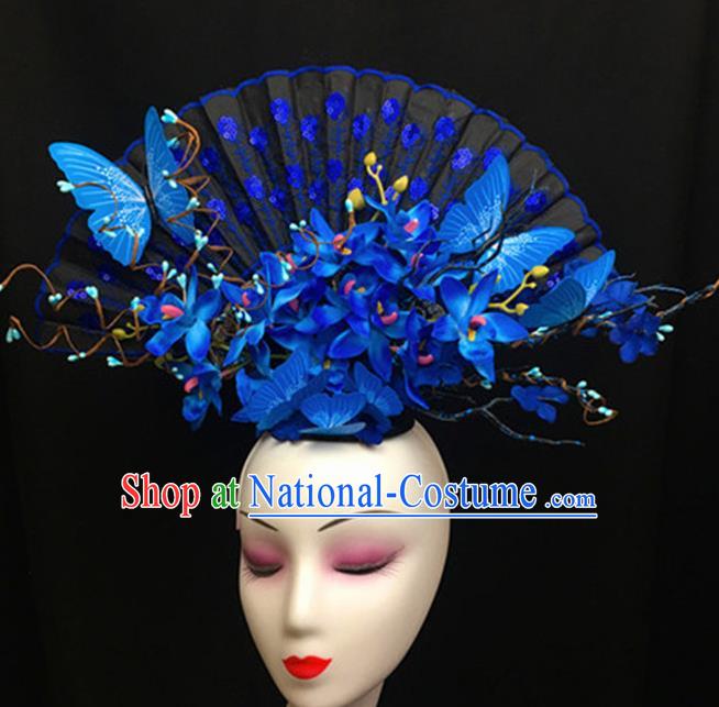 Top Halloween Stage Show Giant Hair Accessories Chinese Traditional Catwalks Blue Flowers Headpiece for Women