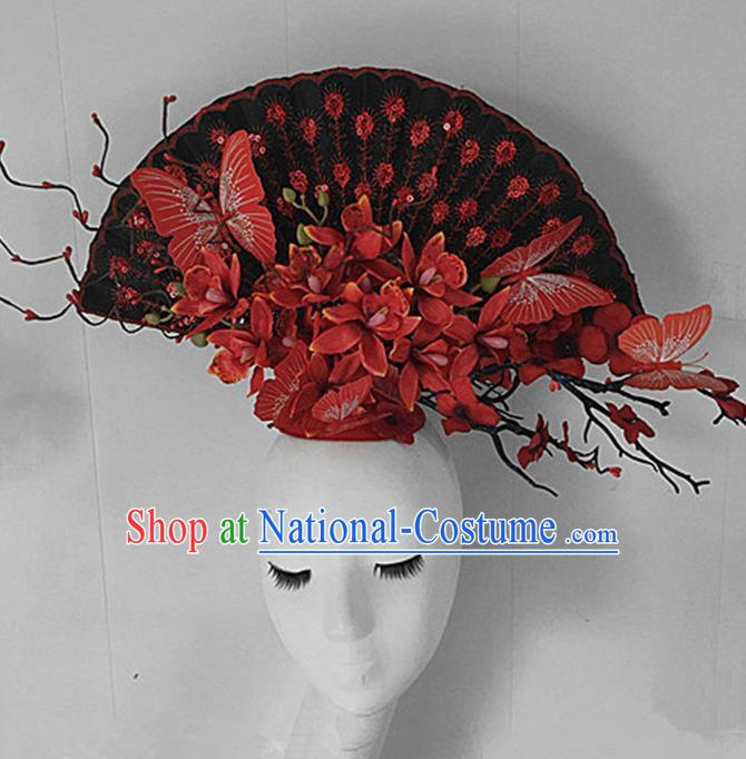 Top Halloween Stage Show Giant Hair Accessories Chinese Traditional Catwalks Red Flowers Headpiece for Women