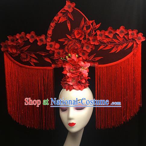 Top Halloween Stage Show Red Peony Giant Hair Accessories Chinese Traditional Palace Catwalks Headpiece for Women