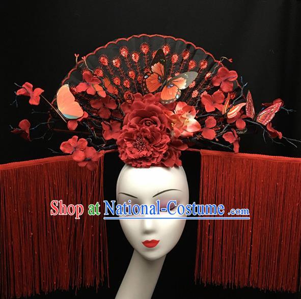 Top Halloween Red Tassel Giant Hair Accessories Stage Show Chinese Traditional Palace Catwalks Headpiece for Women