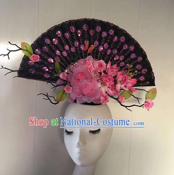 Top Halloween Pink Peony Giant Hair Accessories Stage Show Chinese Traditional Palace Catwalks Headpiece for Women